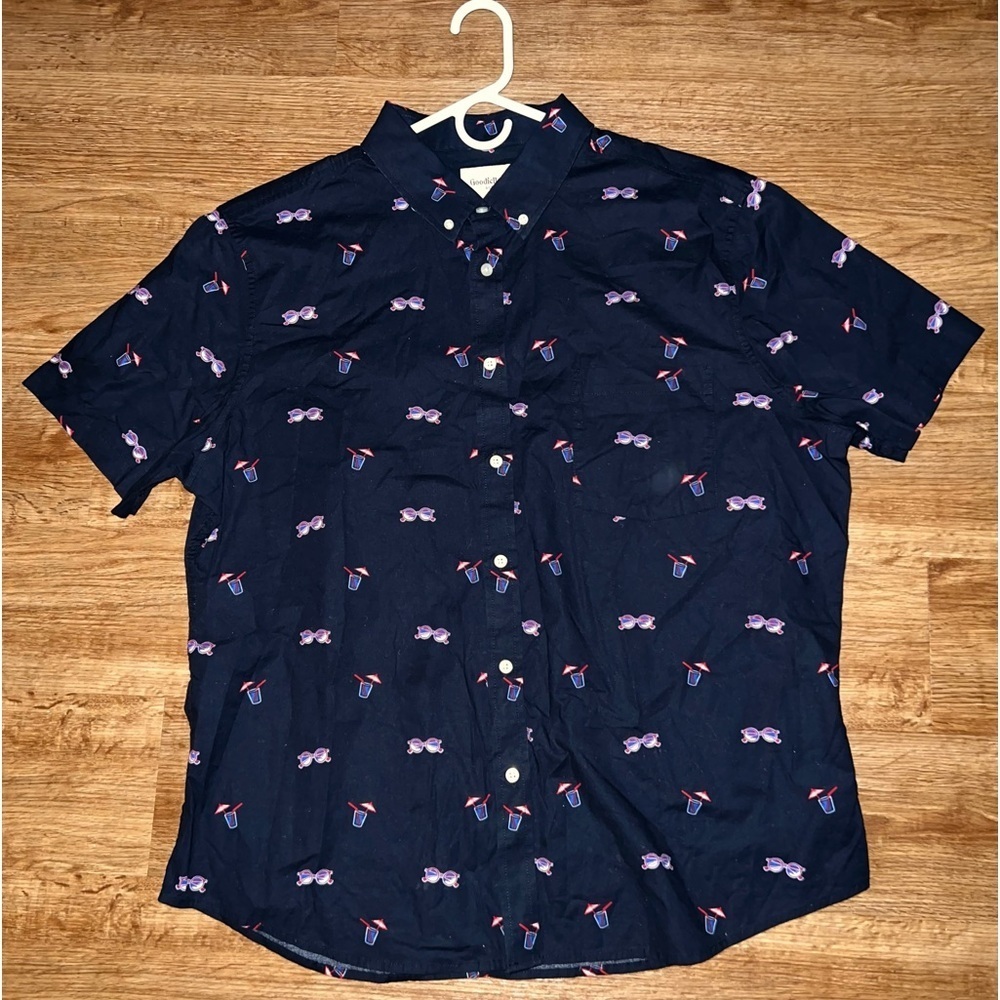 NAVY BLUE BUTTON UP SHIRT WITH PURPLE AND WHITE SNUGLASSES PATTERN LISTED UNISEX